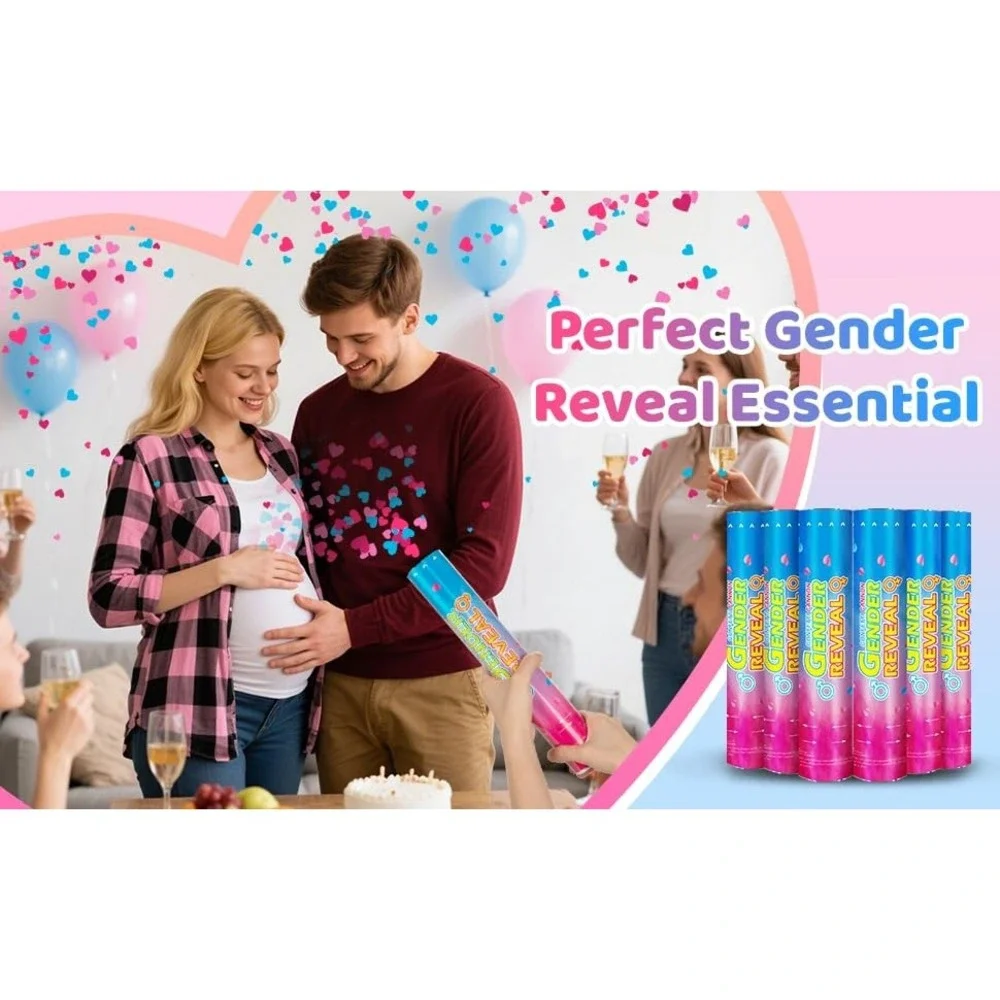 Gender Reveal Baby Confetti Cannons 6 Pack Blue Heart Shaped Easy Twist New Set